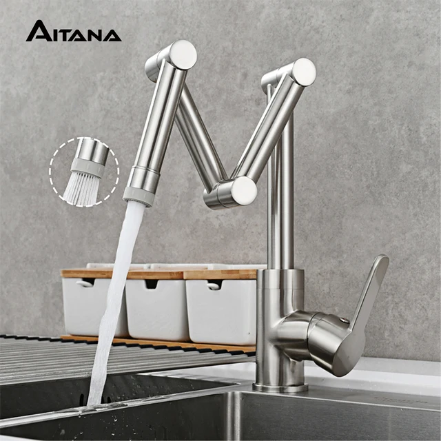 AITANA ก๊อกน้ําห้องครัวนิกเกิลขัดเงาทองเหลืองเรียบง่ายพร้อมดีไซน์พับได้และ 2 ฟังก์ชั่นสําหรับเครื่องผสมอ่างล้างจานน้ําร้อนและเย็น 1