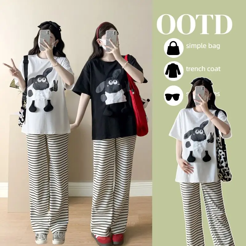 여름 임부복 세트 2025 신상 한국 버전 3D 순면 반팔 스트라이프 와이드 팬츠 투피스 세트