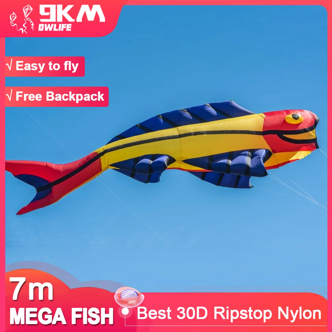 

9KM 7m Mega Fish Kite Line Laundry Pendant Soft Inflatable Show Kite for Kite Festival 30D Ripstop Nylon with Bag