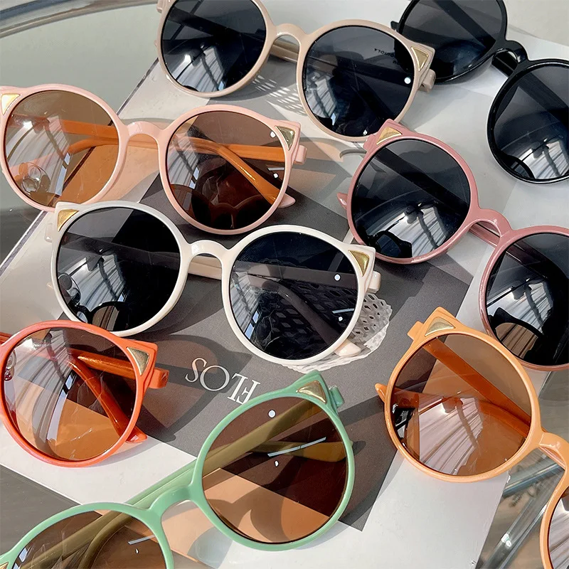Children Classic Round Frame Sunglasses Boys Girls Cute Cat Ear Vintage Travel Outdoor UV-proof Eyewear