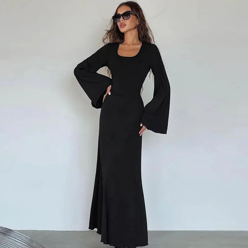 

Maxi Dress Female Scoop Neck Lace-Up Ribbed Long Sleeve Fashion Slim Loose Bandage Dress Autumn 2023 Solid Women Dress New