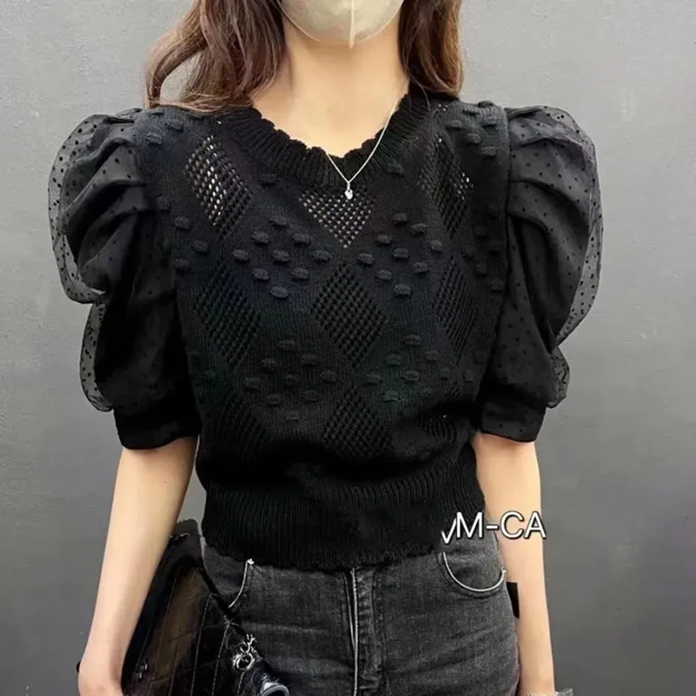 

Женские вязаные топы в Корейском стиле, пуловер с круглым вырезом, ажурная черная Повседневная футболка с коротким рукавом для весны и лета