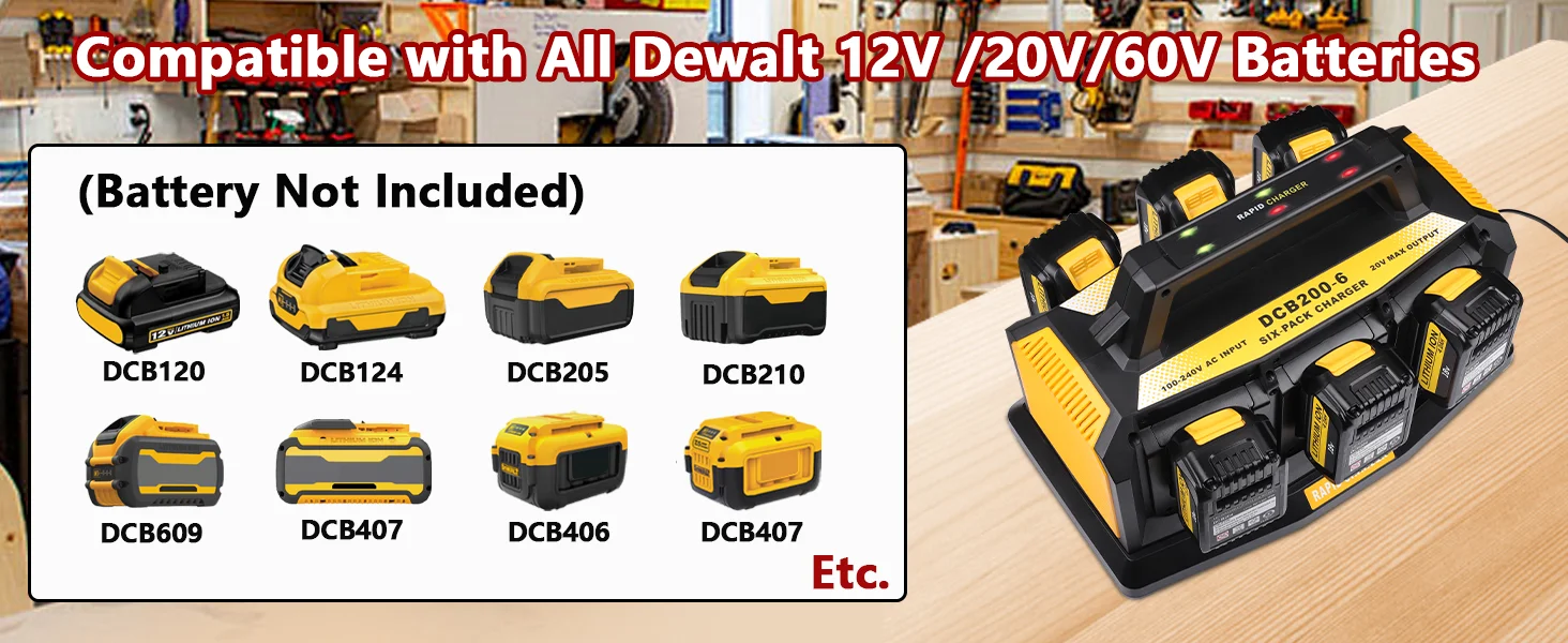 Beytvyow Super Battery Charger for Dewalt 20V Battery 6-Ports Simultaneous Rapid