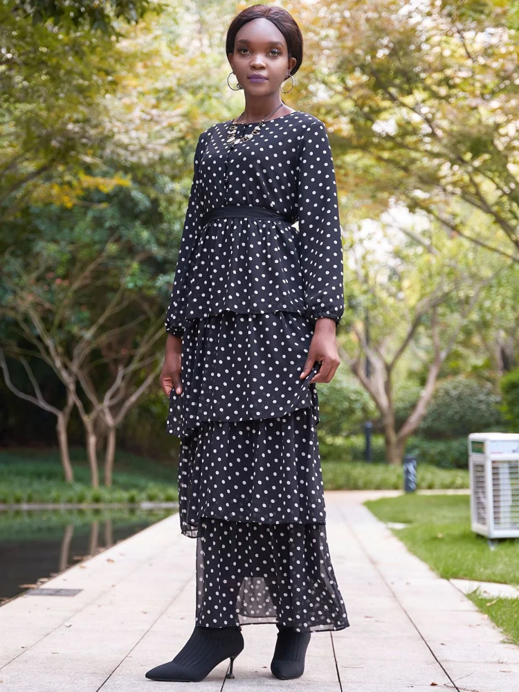 Polka Dot Print Black Maxi Dress for Women Long Sleeves Islamic Clothing  Muslim Casual Modest Hijab Robe Dubai Turkish Gown