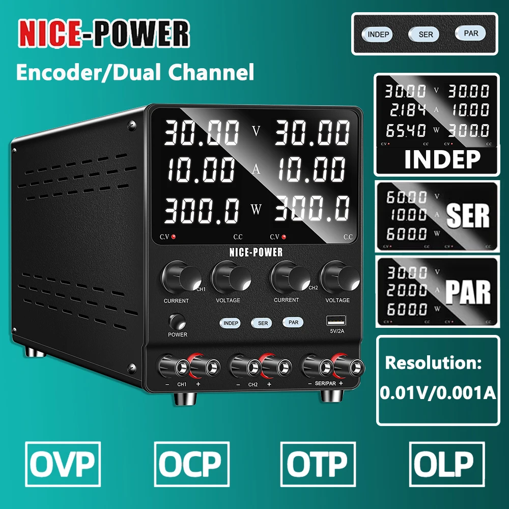 

Adjustable Dual-Channel DC Power Supply SER/PAR/INDEP Output Switch Voltage Regulator 30V 10A 60V 5A Encoder Stabilizer Source