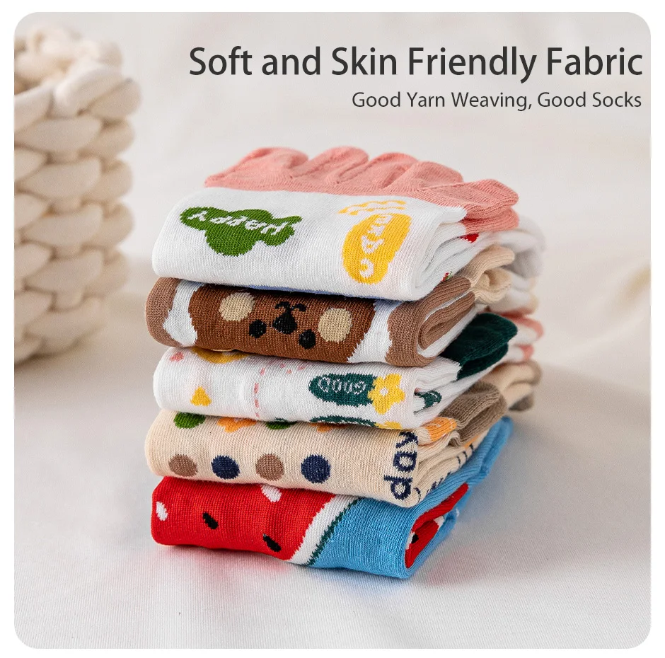 Cotton Mid Calf Socks Women's Four-season Mid-tube Fruit Letter Slogan Bear 3 Pairs