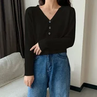 2025 Women's Long Sleeve Cropped Cardigan V Neck Button Down Knit Lady Autumn Spring Knitted Single-breasted Cardigan Sweaters - Image 5