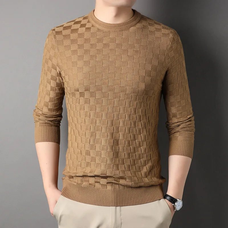 

Autumn Winter Long Sleeve Mens O-Neck Plaid Sweaters 2023 Casual Knitted Clothes Fashion Male Knitted Pullovers Sweater Coats