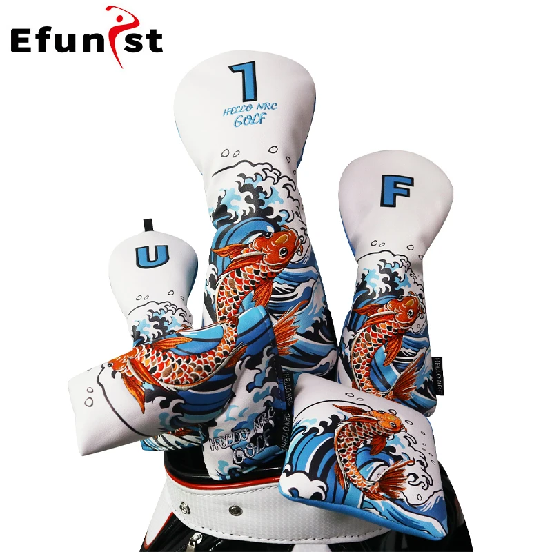Golf Wood Cover Koi Pattern Driver Fairway Hybrid Protector Head Cover PU Leather Soft Durable Golf Club Covers Waterproof