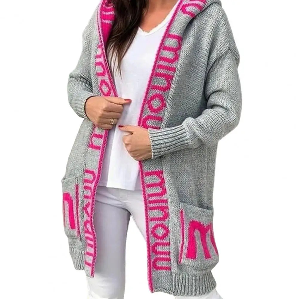 

Hooded Knitwear Big Pockets Versatile Sweater Coat Autumn Winter Letter Printing Hooded Mid-Length Knitted Cardigan
