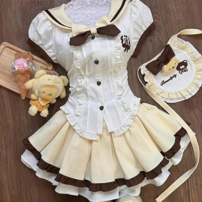 Japanese Sweet Lolita Style Skirt Set Women Kawaii Sailor Collar Bow Shirt Top Cute Pleated Skirt Y2k with Apron Mini Skirt Suit 2