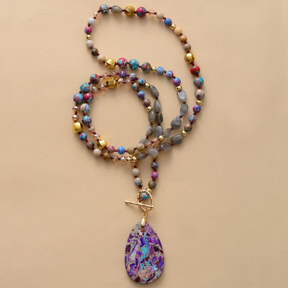 Vibrant Natural Stone Beads Reiki Teardrop Pendant Necklaces Knotted Meditation Yoga Necklace Jewelry