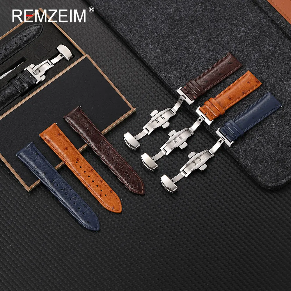 Unisex Genuine Leather Watch Strap with Stainless Steel Butterfly Buckle and Gift Box