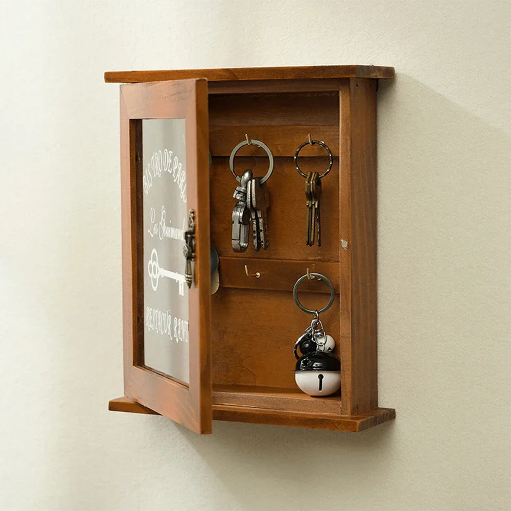 Caja de almacenamiento de llaves de madera para colgar en el Vintage de pared, estante de llave de armario azul y marrón con gancho, decoración de pared familiar
