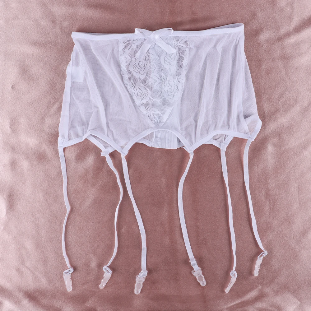 Liga de malla de cintura alta hueca sexy de encaje rosa diseño de 2 botonadura lazo elástico accesorios de Liga