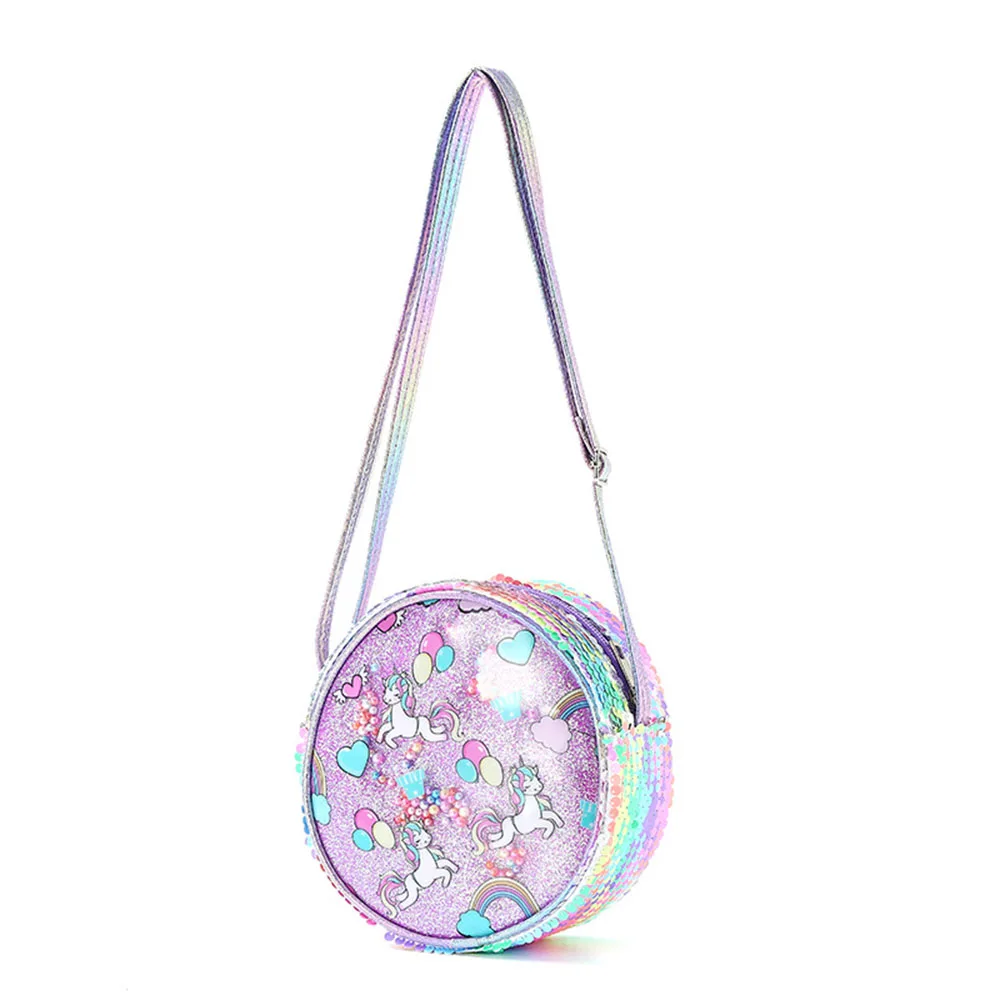 Kids Shoulder Bag Girls Sweet Cartoon Pattern Sequin Crossbody Bags Fashion Unicorn Casual Outing Versatile Round Bag