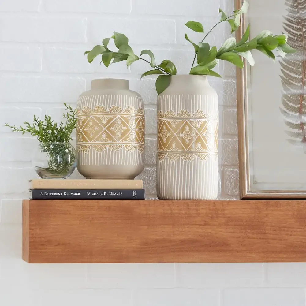 Boho Beige Ceramic Vase Set of 2 Handmade Floral Pattern Home Decoration - Image 2
