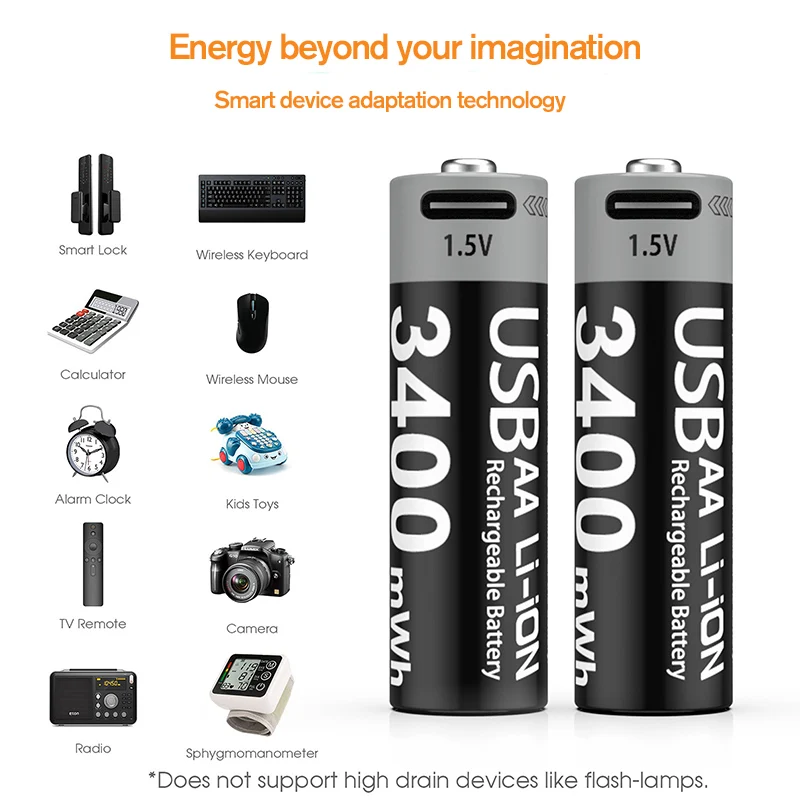 MATOV USB AA 1.5V 3400mWh Type-C Rechargeable Lithium Battery for Hunting Camera Remote Control Mouse Smart Door Lock Microphone 5