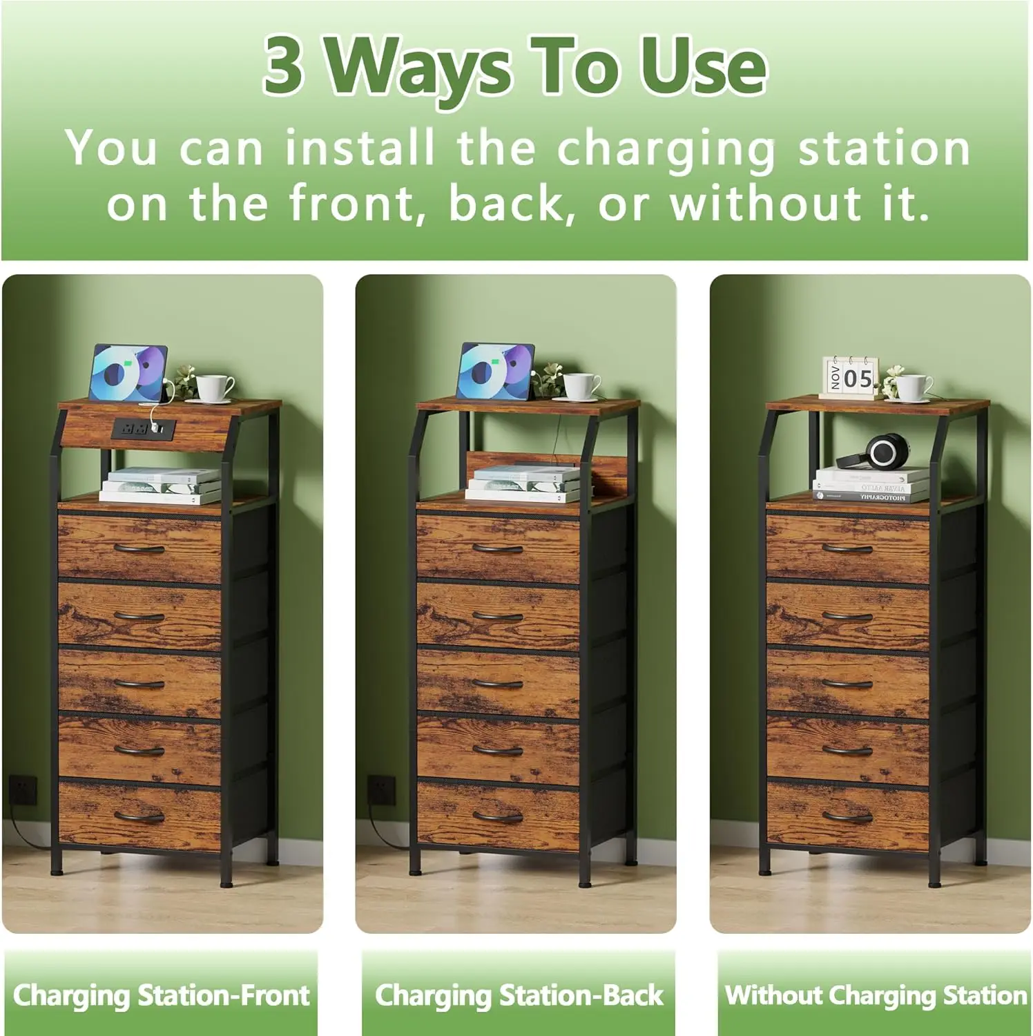 5-Drawer Dresser. Charging Station. Tall Nightstand with Shelf. Fabric Drawers. Rustic Brown. 3 Ways to Use.