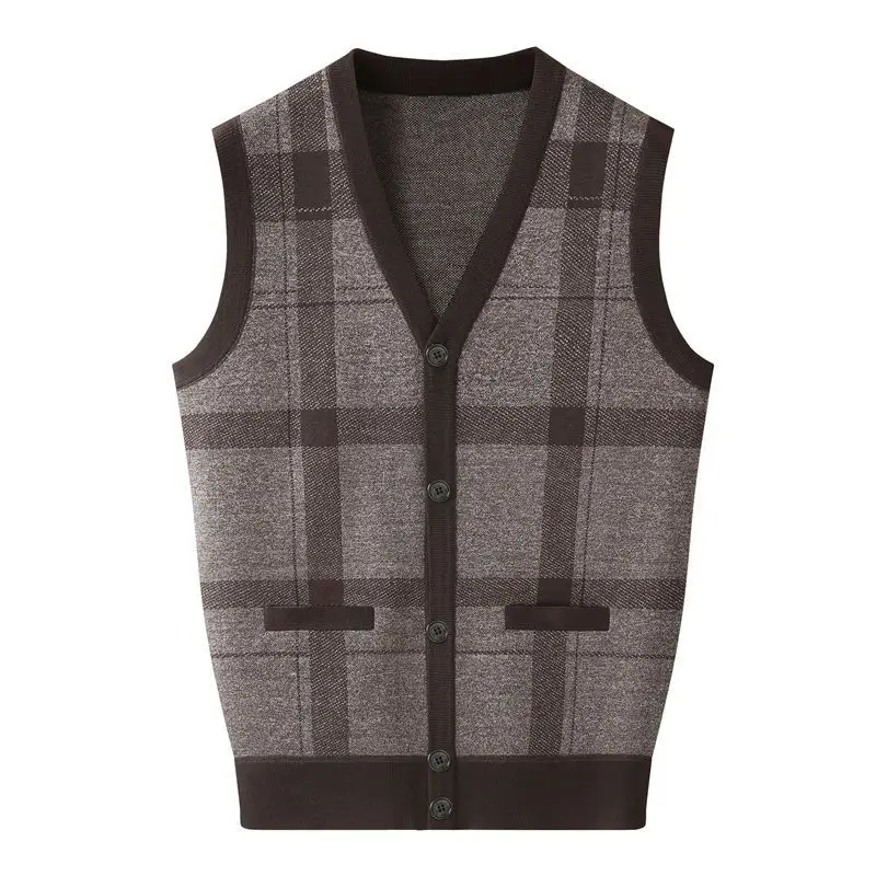 Top Grade Wool Men Sweater Vest 2023 New Autumn and Winter Warm Fashion V-Neck Smart Casual Classic Knitted Plaid Vest A69