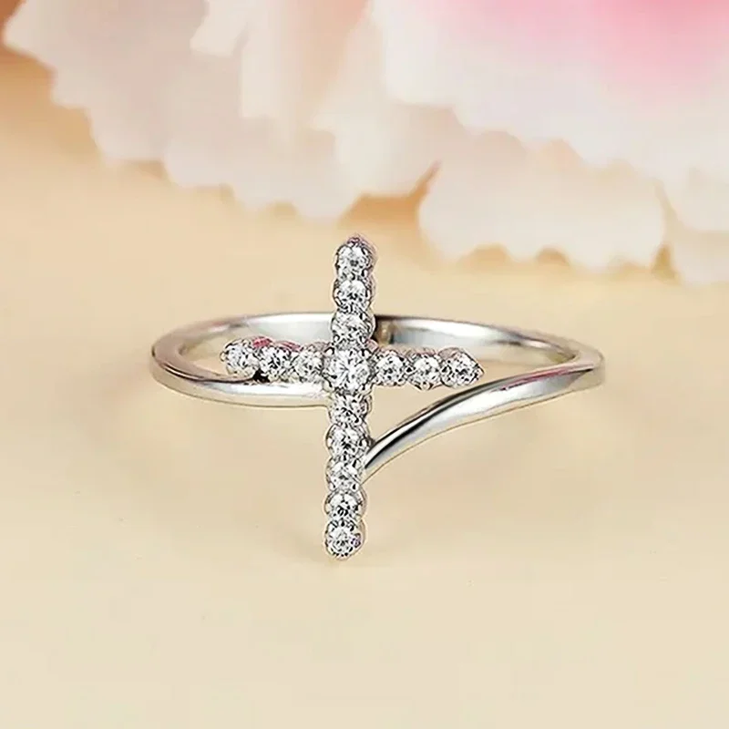 Wedding Rings Womens Ring Jewelry Rings Ring Jewelry Cross Rings Huitan Glossy Cross Designed Rings with Shiny Cubic Zirconia Novel Fashion Wedding Party Jewelry Versatile Accessories for Women