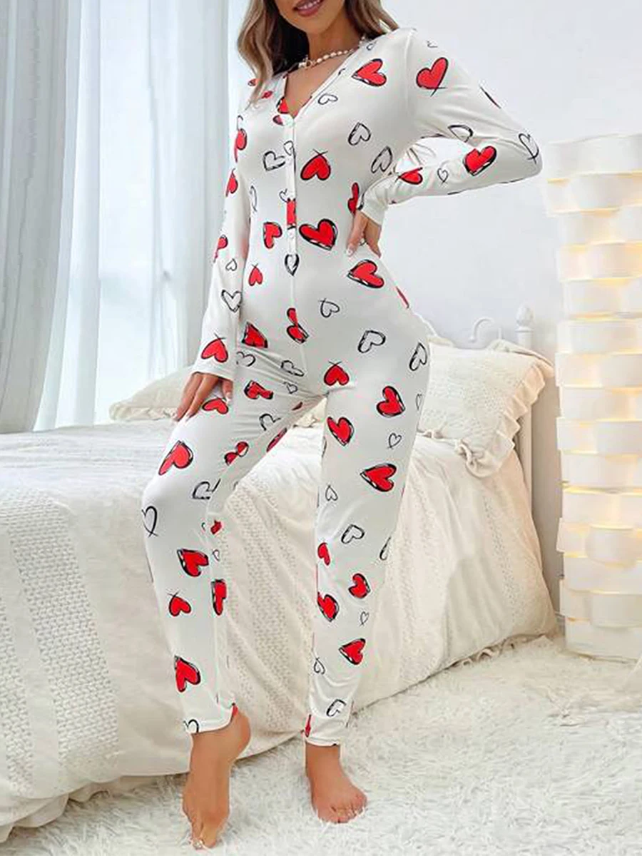 

Women s Valentine s Day Loungewear Jumpsuit Heart Print Long Sleeve V-Neck Front Button Down Bodycon Pajamas