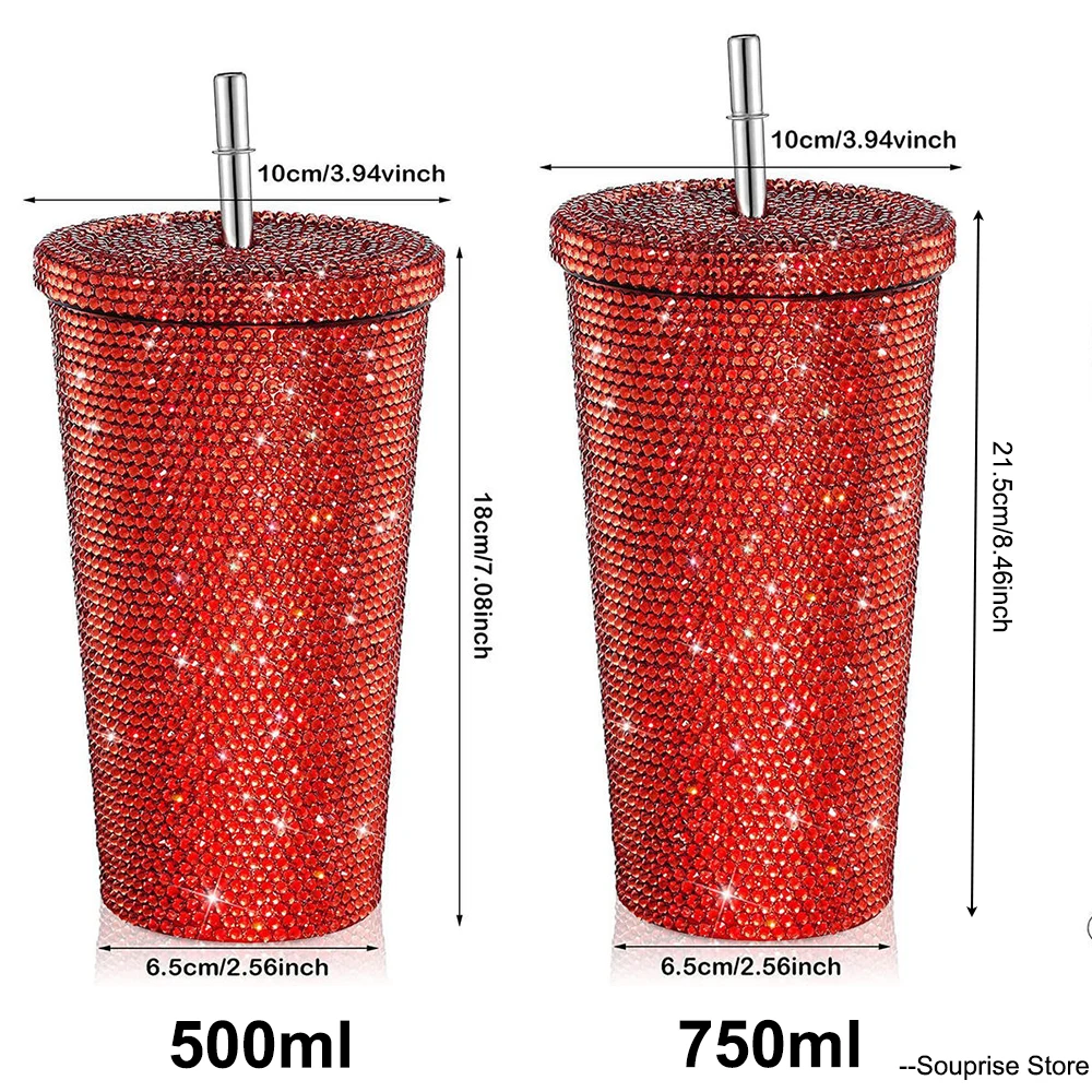 750ml Straw Cup with Lid Shining Rhinestone Stainless Steel Double Layer  Thermos Cups Women Glitter Cup Water Bottle Xmas Gifts