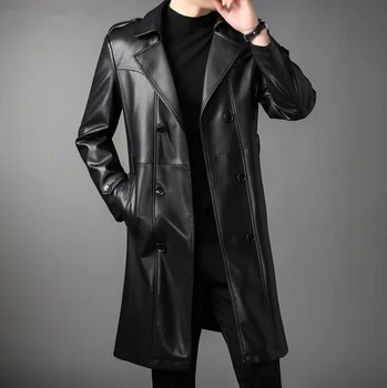 Giacca da uomo in pelle Autunno Inverno Giacche autentiche Abbigliamento da uomo Cappotti lunghi e caldi in peluche Trench frangivento moda casual 1