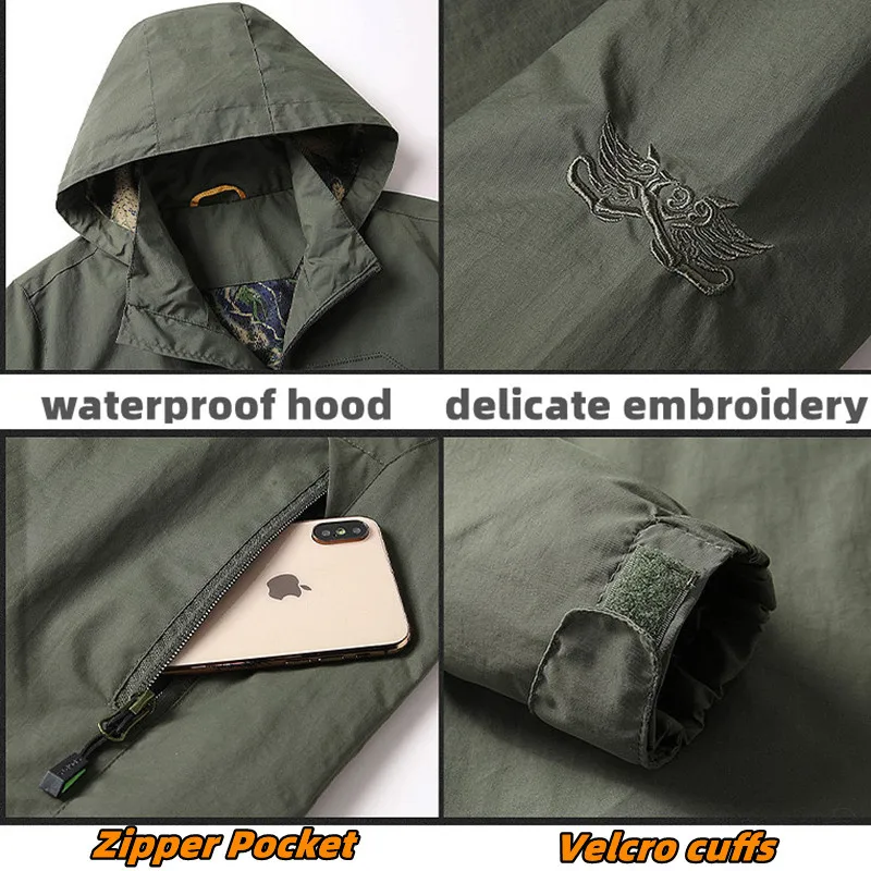 2023 New Hot Sale Mens Outdoor Hiking Jacket Summer Military Multi-pockets Tactical Hunting Fishing Waterproof Hooded Jacket Men