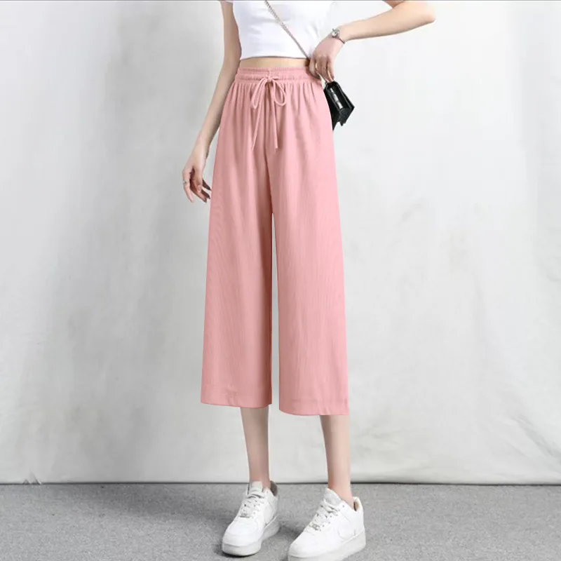 2023 Summer New Women's Imitation Ice Silk Capris Casual Wide Leg High Waist Fashion Korean Versatile Loose Solid Color Pants