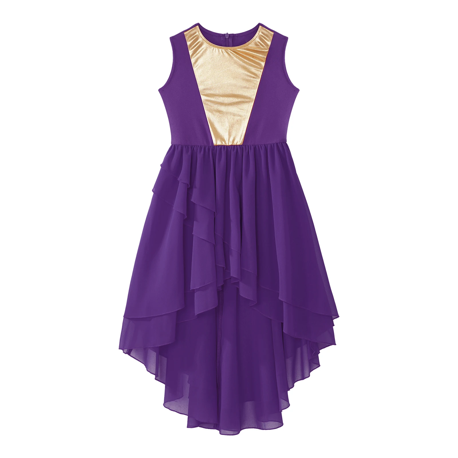 Kids Girls Praise Dancing Dress Metallic Patchwork Sleeveless High-Low Hem Worship Liturgical Lyrical Dance Clothing Dancewear