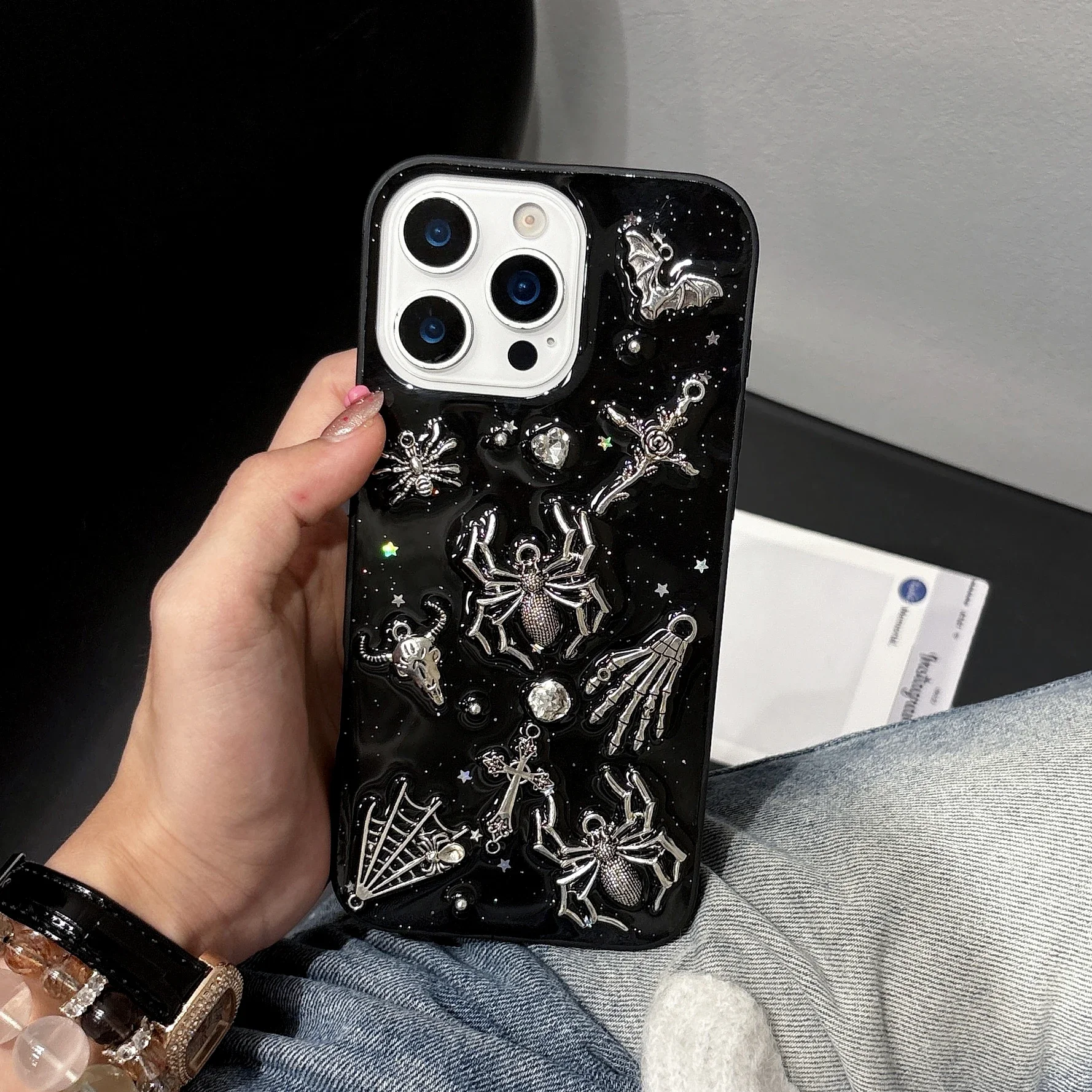 Retro Gothic 3D Metal Spider Phone Case with Angel Epoxy Design