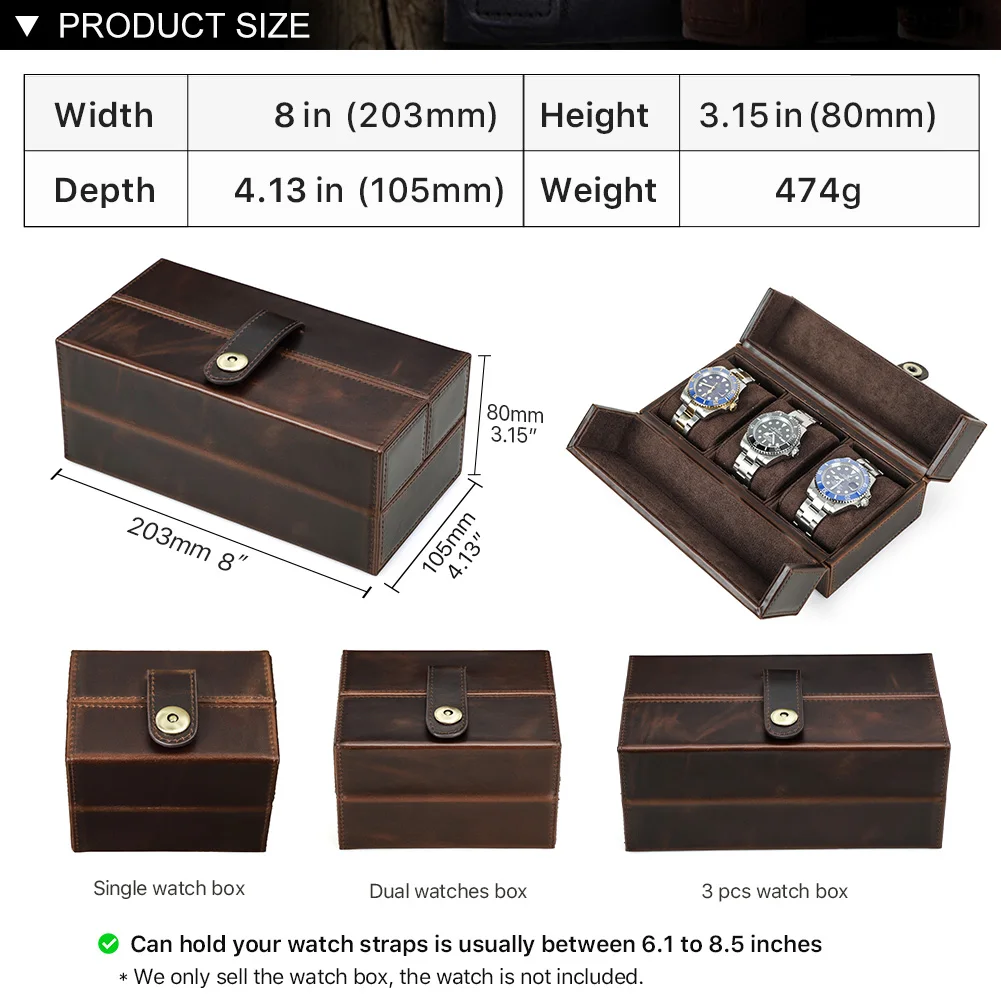 Vintage Luxury Genuine Leather 3 Slots Watch Roll Case Travel Portable Organizer Storage Box with Metal Buckle Handmade Gifts