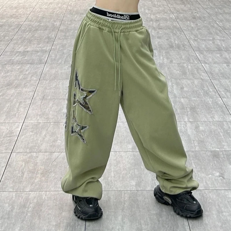 

Women Retro Star Embroidery Sweatpants Y2K Hip Hop Oversize Elastic High Waist Wide Leg Joggers Street Harajuku Korean Trousers