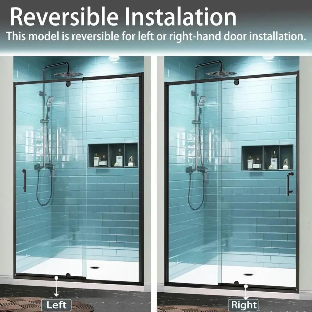 Shower Door, 44-48" W X 71" H, Semi-Frameless Sliding, 1/4" Clear Tempered Glass, Reversible Installat, Swing Glass Shower Door
