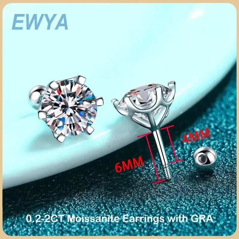 EWYA-Moissanite Parafuso Brincos para Mulheres, D Cor 925 Sterling Silver, 6 Prong Diamante, Jóias Finas de Casamento, 0.5-2ct