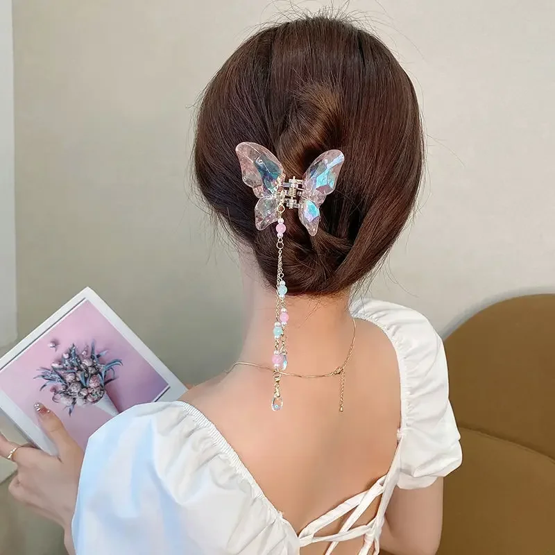 Transparent Crystal Butterfly Tassel Grab Clip Fashionable Back Spoon Girl Half Tied Hair Shark Clip Accessory Korean Version