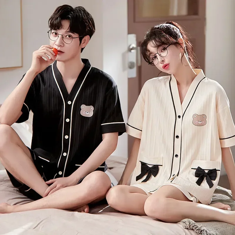 

Pajamas Dropship Couple Cotton Mujer Women Sets Men Short Sleepwear Sleeve Leisure Homme Cartoon Pijama Summer Homewear