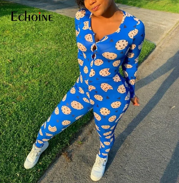 Echoine Womens Sexy printing Home Onesies Jumpsuit Sleepwear long Sleeve V Neck Bodycon Bodysuit Romper trousers pajamas 5