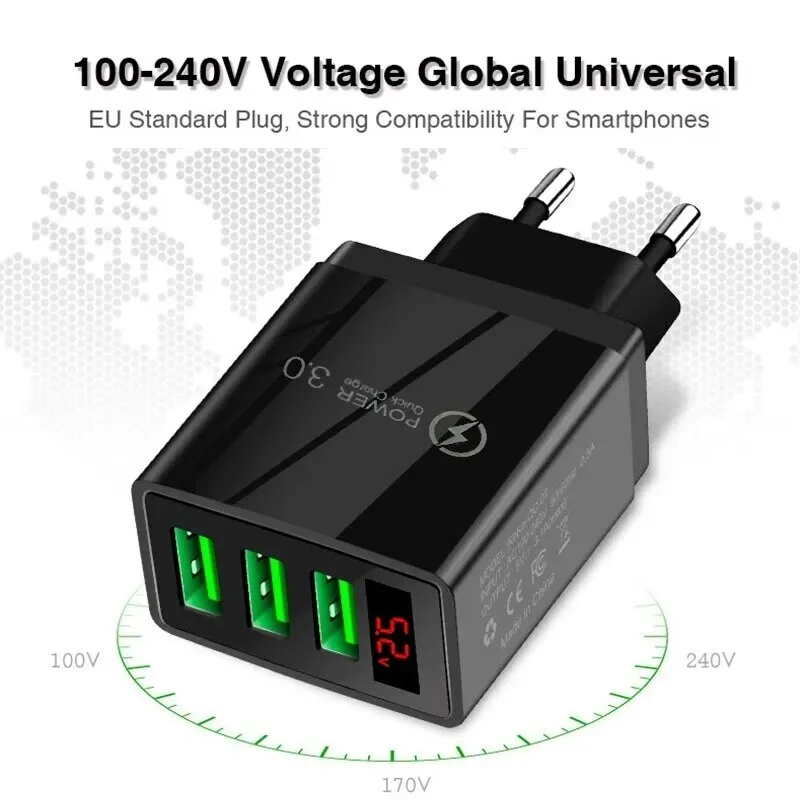 Phone Charger 5V3A Digital Display Charger Mult Port 3USB Digital Display Fast Charger Smartphone Charging Head