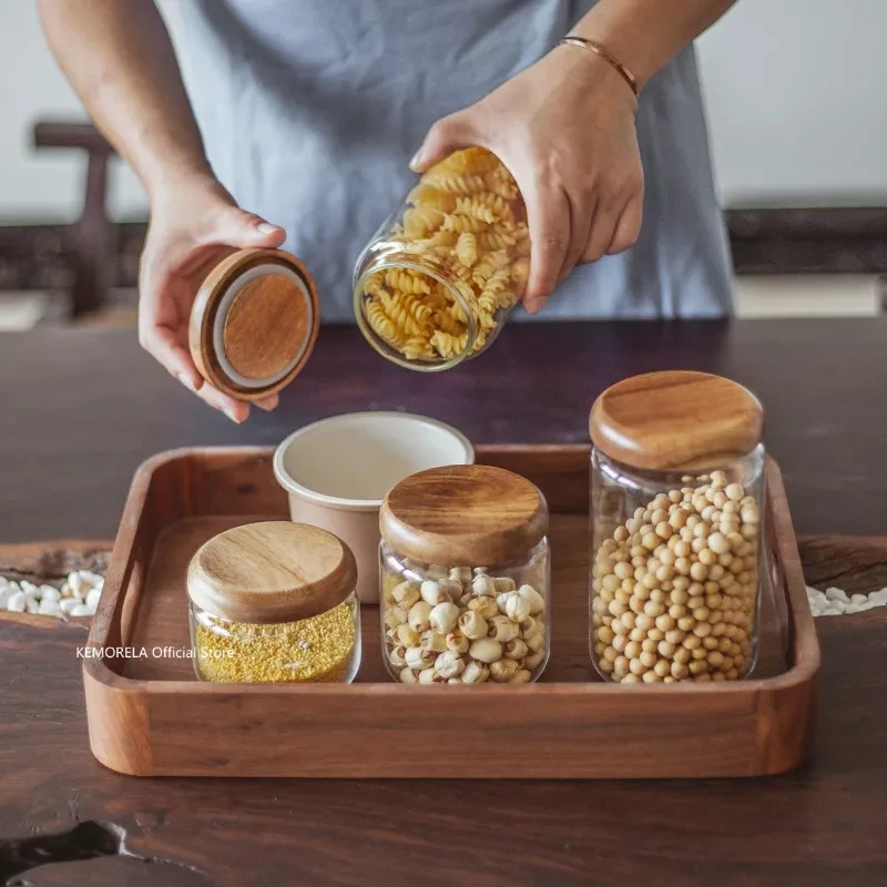 Transparent Acacia Wood & Glass Sealed Storage Jar