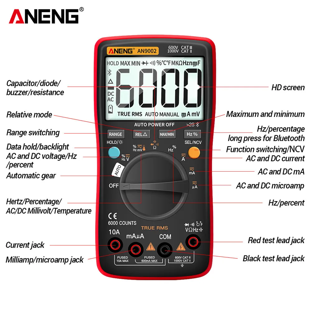 ANENG AN9002 cyfrowy multimetr Bluetooth 6000 zlicza profesjonalny MultimetroTrue RMS AC/DC woltomierz Auto-Range