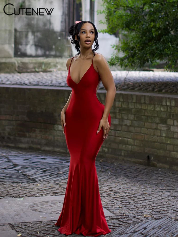 Cutenew Red Shiny Spaghetti Strap Maxi Dress Donna Solid Sexy Backless Increspato Scollatura Body-Shaping Robe Lady Hipster Streetwear