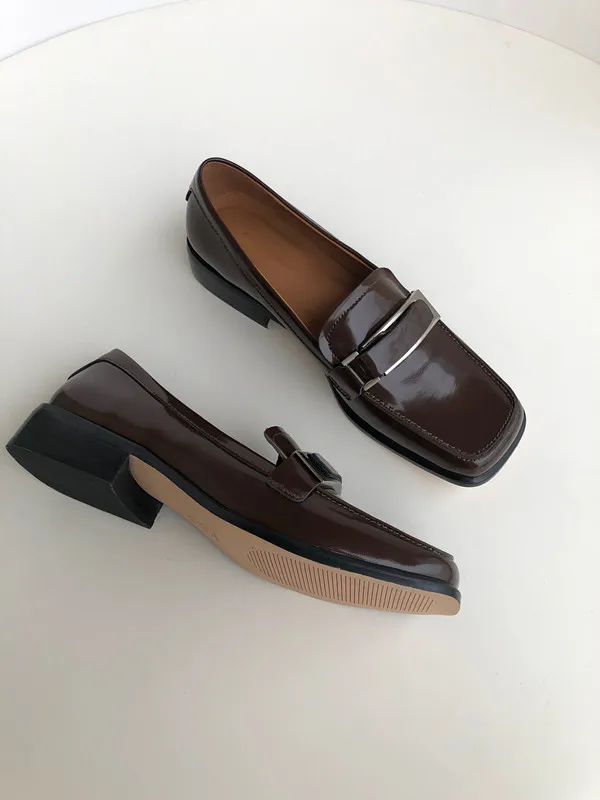 Withered French Style  Shoes Women Office Lady Genuine Leather Retro Square Toe Slip-On Loafers Women Flat