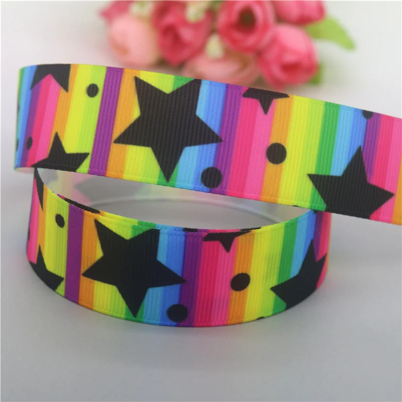 DHK 7/8'' 5yards Neon Star Stripe Polka Dot Christmas Printed Grosgrain Ribbon Accessories Material DIY Sewing Craft C2050