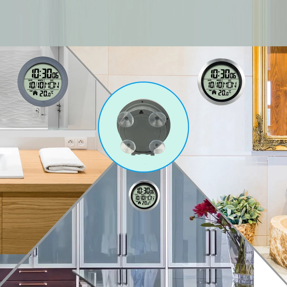 No Punching Suction Cup Digital Wall Clock Home Clock Waterproof Bathroom Washroom Kitchen LCD Display Temperature Detector