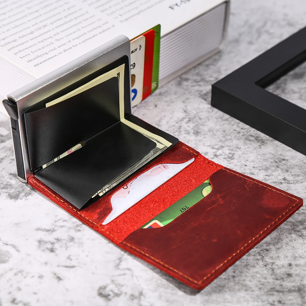 ID holders men women  retro Rfid anti-magnetic aluminum box  High capacity leather wallet multi-card bank card holder