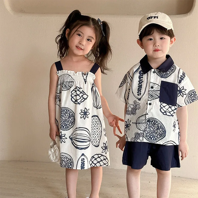 MILANCEL New Summer Kids Clothes Set Boys Cartoon Fruit Shirt+ Solid Color Shorts Girls Suspenders Dress