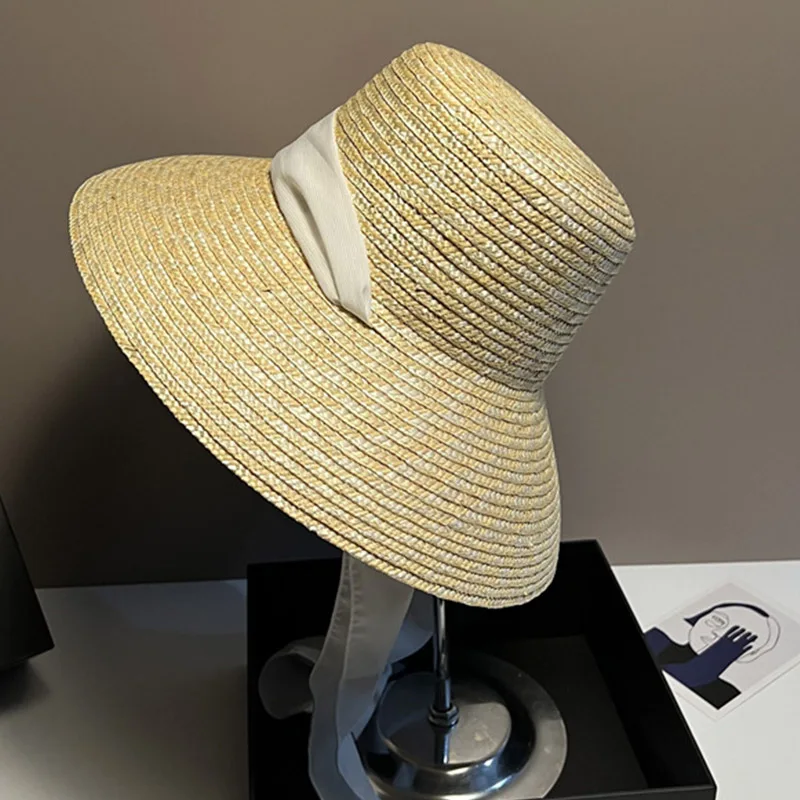 Klassische Panama Stroh Hut für Frauen Beige Weiß Patchwork Sommer Breite Krempe Sonnenhut Hut Band Krawatte Strand Reise Party Fedora hüte – Detail 2