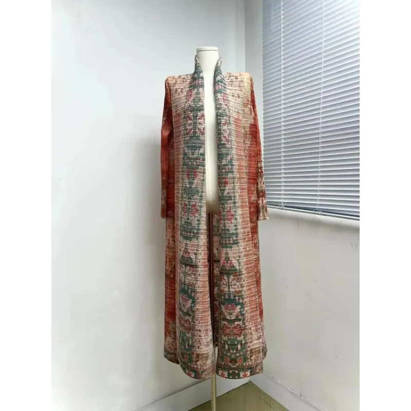 Miyake Pleated Long Sleeve Printed Dress Trench Coat Women 2023 Autumn Winter New Original Designer Turndown Collar Belted Coats